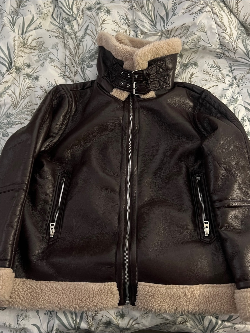 Topshop Tall women’s brown faux leather shearling aviator jacket